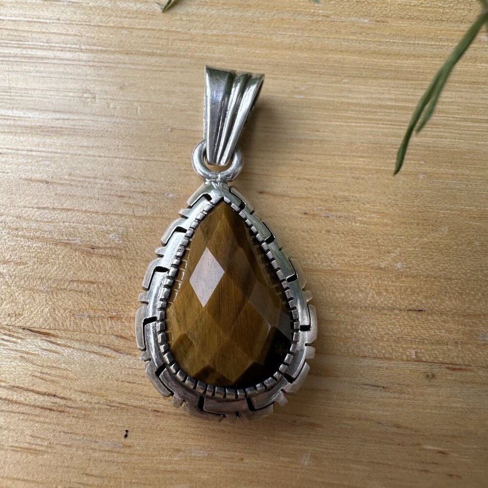 VTG Pendant 1.5" Teardrop Faceted Tiger Eye‎ Gemstone 925 Sterling Silver 5.8g